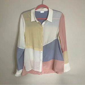 Ecru 100% Silk  Colourblock Button Up Long Sleeve Top L